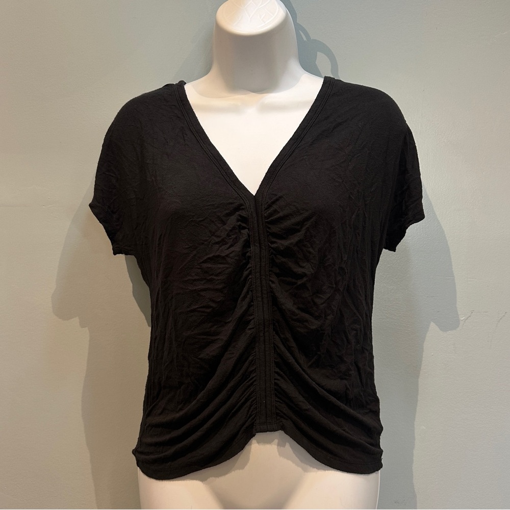 American Eagle Soft & Sexy Black V-Neck Ruched T-Shirt Medium